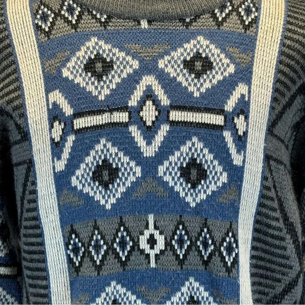 VINTAGE 80s‎ funky quirky geometric knit sweater mens navy blue Diamond argyle